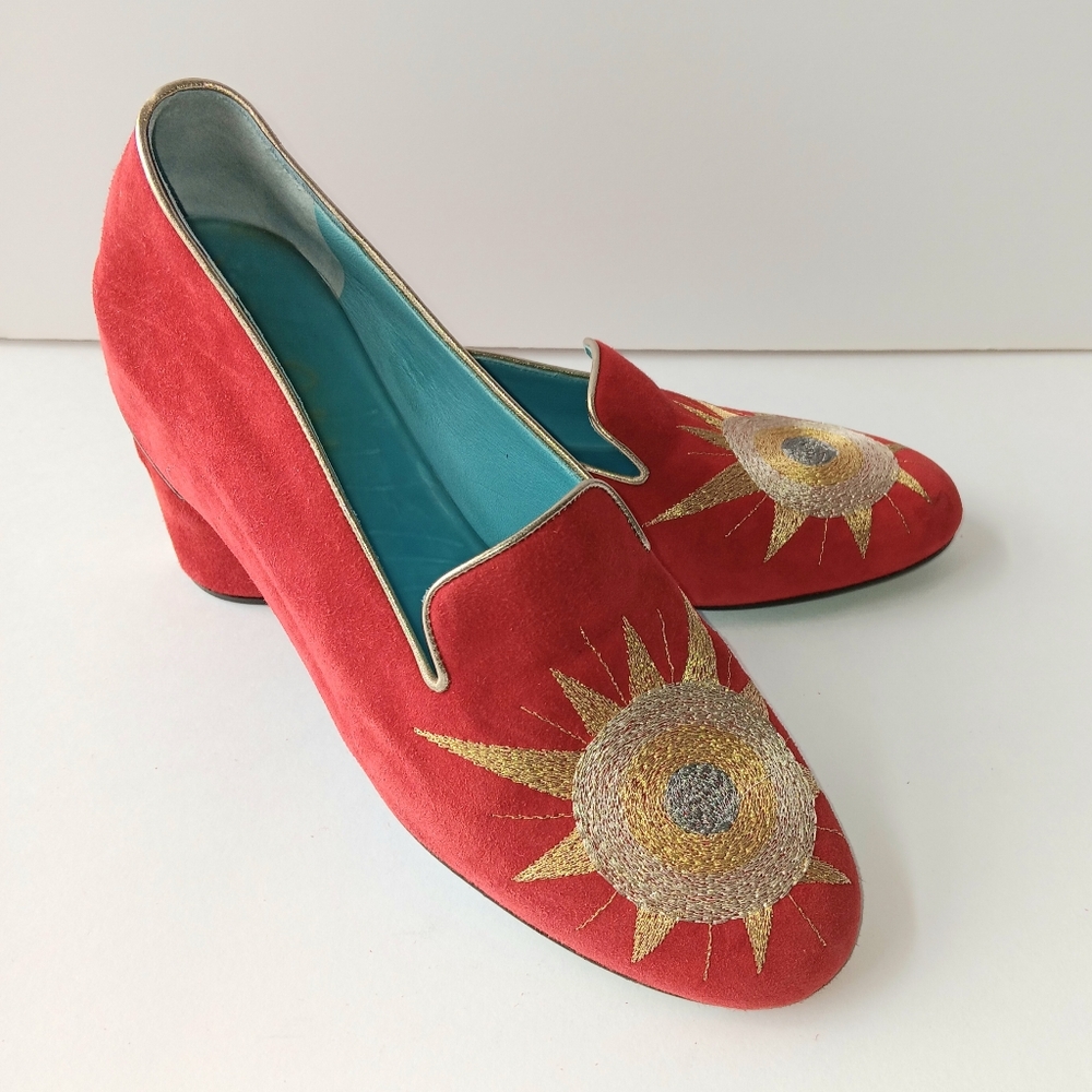 Thierry Rabotin Elegant Red Suede Gold Embroided Loafers Size 7.5